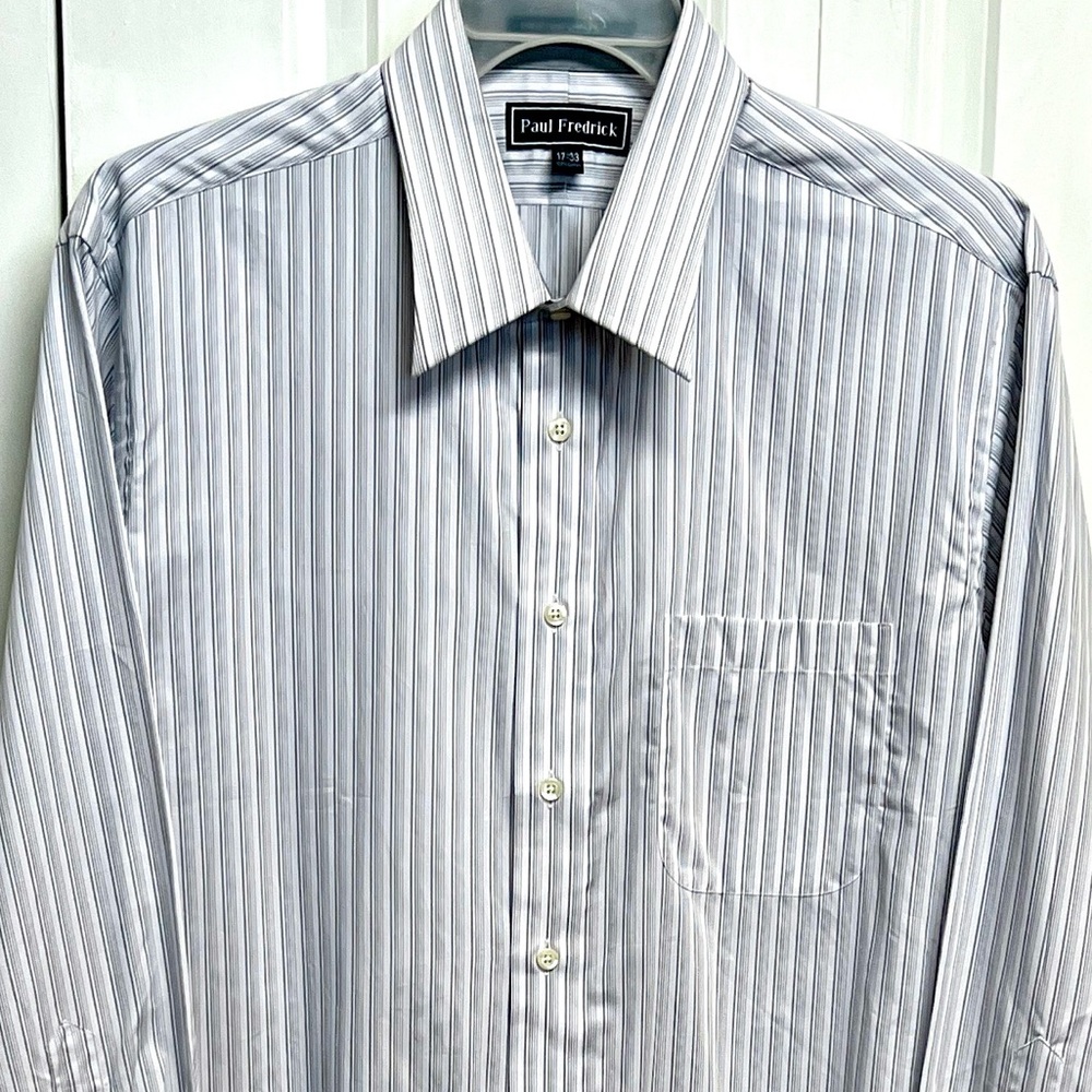 Paul Fredrick White & Light Green Pinstripe Pocket Dress Shirt Size 17 NWOT - Picture 3 of 7